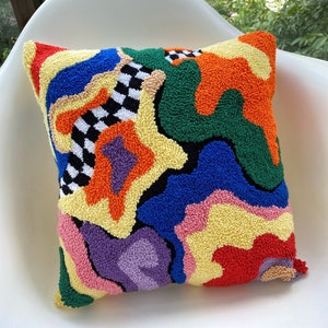 Hand Tufted Punch Needle Pillow Cover,Decorative Embroidered  Cushion Cover,Y2k Checker Aesthetics,Fun Home Decor Rug,Colourful Throw Pillow