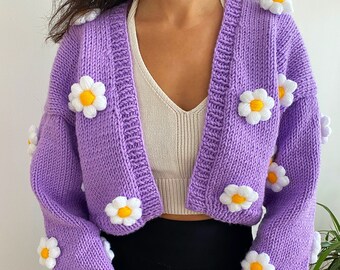 Handknit Chunky Daisy Cardigan Embroidery,soft Flower Punch