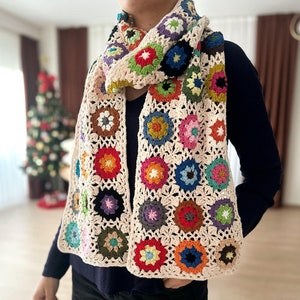 Crochet Granny Square Scarf ,Handmade Knit Winter Accessories,Unisex Fall Accessory,Vintage Afghan Crochet,Holiday Gift for her