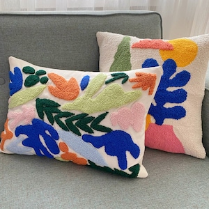 Hand Tufted Punch Needle Pillow Cover Set,Art Deco Embroidered Cushion Cover,Bohemian Floral Home Decor Rug,Handmade Gift for Friend
