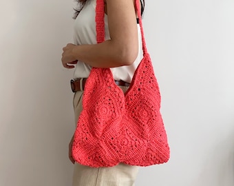 Hot Pink Granny Square Crochet Bag,Hand Knit Purse,Handmade Shoulder Bag,Knit Accessories Gifts,Vintage Tote Bag,knit pattern, Gift for Her