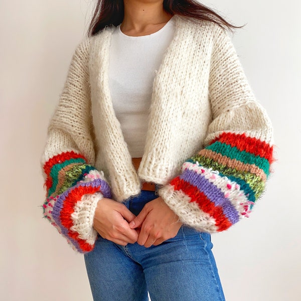 Hand Knit Mohair Wool Cardigan,Soft Women Crop Top Sweater,Handmade Balloon Sleeve Warmer Knit Jacket,Gift kit for her,Valentines Day Gift