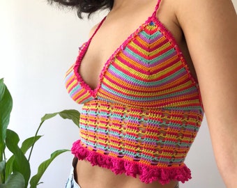 Handknitted Colurful Crochet Top,Summer z Women Tank Top,Hot Pink Festival Crop Halter,Y2k Outfit,Gift for her,Slow Knit Fashion,Striped Top