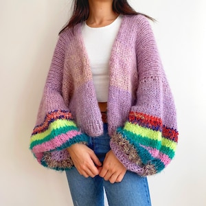 Hand Knit Mohair Wool Cardigan,Soft Women Crop Top Sweater,Handmade Balloon Sleeve Warmer Knit Jacket,Gift kit for her,Valentines Day Gift