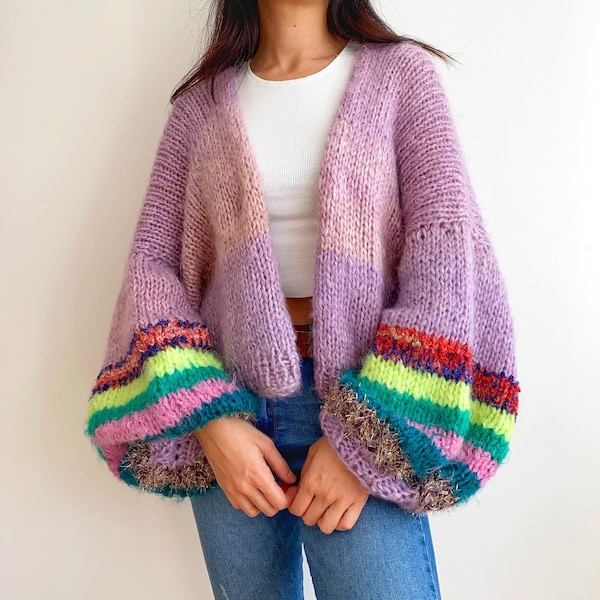 Hand Knit Mohair Wool Cardigan,Soft Women Crop Top Sweater,Handmade Balloon Sleeve Warmer Knit Jacket,Gift kit for her,Valentines Day Gift
