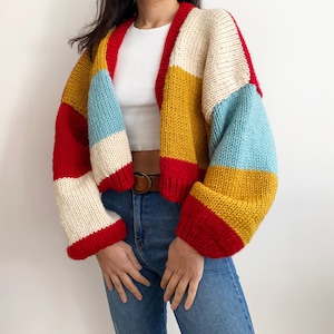Handknit Chunky Patchwork Cardigan,  Soft Women Sweater,Handmade Crop Knit Jacket,Valentines Gift kit for her,Autumn Fashion,Warm Outfits