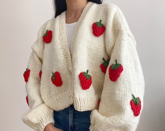 Hand Knit Chunky Strawberry Cardigan,Soft  Women Sweater,Handmade Crop Knit Outfit,Gift for her,Y2k Top with Strawberries,Handmade Jacket