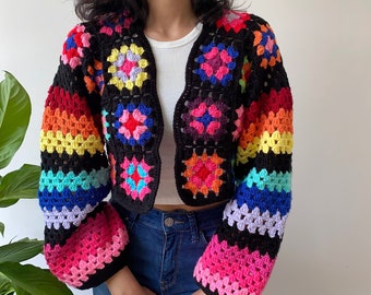 Handknit Granny Square Cardigan,Retro Patchwork Women Sweater,Bohemian Crop Knit Outfit,Gift kit for her,Y2k Style,Afghan Knit Fashion Women