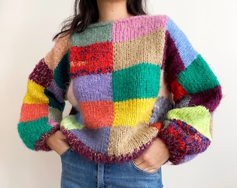 Patchwork Mohair Wool Jumper,Hand Knit,Colorful Checkered Women Sweater,Balloon Sleeve Warmer Knit Pullover,Valentines Gift kit for her