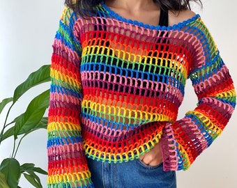 Handmade Crochet Rainbow Net Blouse,Mesh Cotton Top,Bohemian Long Sleeve Beach Top,Y2k Pride LGBTQ,Slow Ethical Fashion,Festival Top