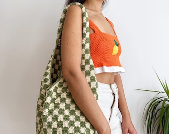 Handmade Checkerboard Crochet Bag,Hand Knit Purse,Knitted Shoulder Bag,Knit Accessories,Checkered  Tote Bag,knit pattern,Unique Gift Ideas