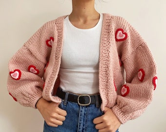 Hand Knit Chunky Heart Cardigan,soft Pink Women Sweater,handmade