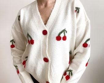 Unique Cardigan with Cherries,  KnitTop, Soft Women Sweater, Women Knit Outfit,Gift kit for her, V neck button up, Y2K Soft Girl Style