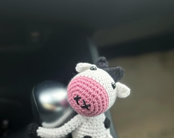 Cute Amigurumi Cow Steering Wheel Accessory, Crochet Bunny Gear Shift Knob Cover, Handmade Toy Animal Auto Decor,New Car Gift for Car Lover