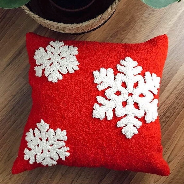 Hand Tufted Christmas Pillow Cover,Snowflake Embroidered Cushion Cover,  Winter Holiday Home Decor Rug,Merry Christmas Ornament,Noel Gift