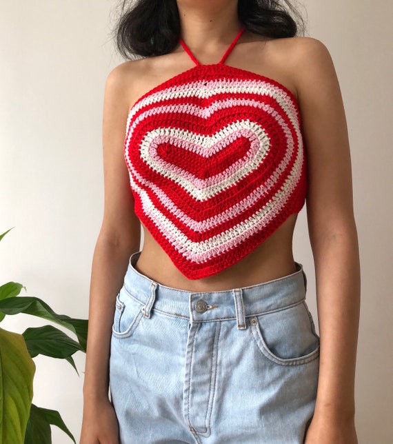 90s Vintage Heart Crochet Halter Top,summer Women Crochet Tank Top