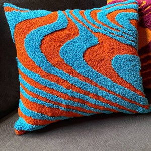 Hand Tufted Punch Needle Pillow Cover,Decorative Embroidered Cushion Cover,Y2k Vibrant Wavy Lines,Fun Home Decor Rug,Psychedelic Printed image 6