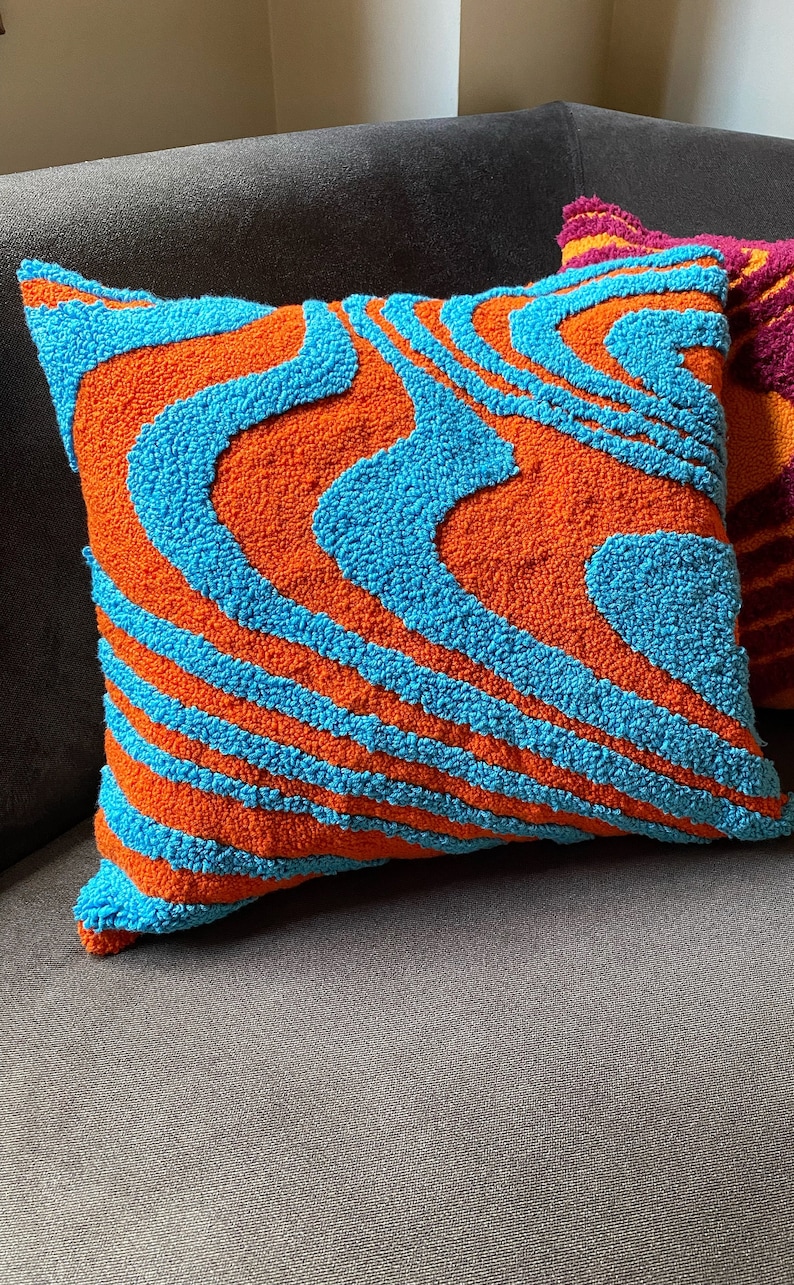 Hand Tufted Punch Needle Pillow Cover,Decorative Embroidered Cushion Cover,Y2k Vibrant Wavy Lines,Fun Home Decor Rug,Psychedelic Printed image 6