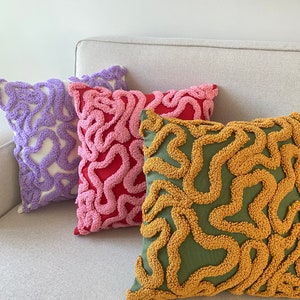 Groovy Punch Needle Pillow Cover,Cosy Decorative Embroidered Cushion Cover,Wavy Aesthetics,Colorful Rug Cushion,Abstract Throw Pillow Cover image 1