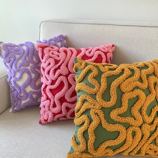 Groovy Punch Needle Pillow Cover,Cosy Decorative Embroidered Cushion Cover,Wavy Aesthetics,Colorful Rug Cushion,Abstract Throw Pillow Cover