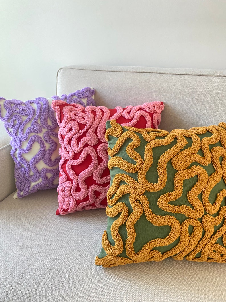 Groovy Punch Needle Pillow Cover,Cosy Decorative Embroidered Cushion Cover,Wavy Aesthetics,Colorful Rug Cushion,Abstract Throw Pillow Cover image 1