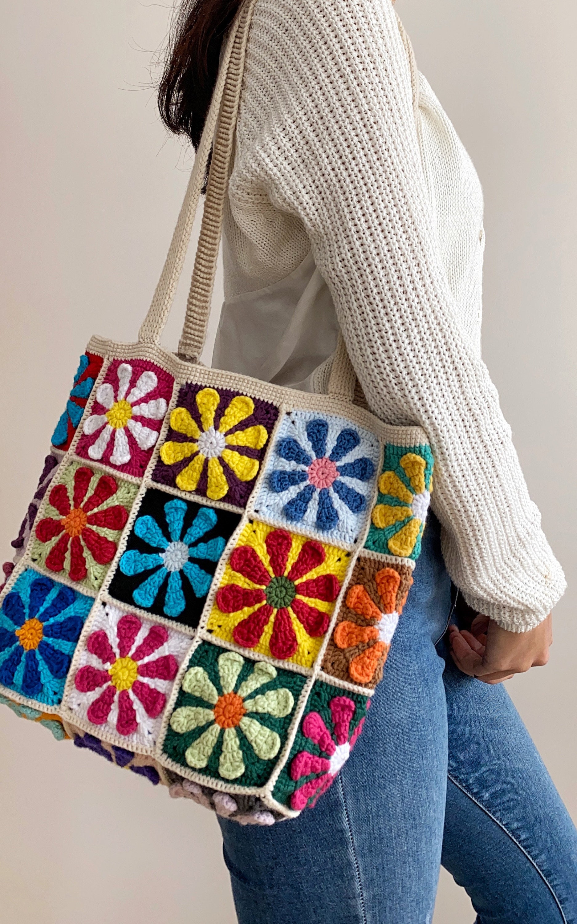 Handmade Flower Granny Square Crochet Bag
