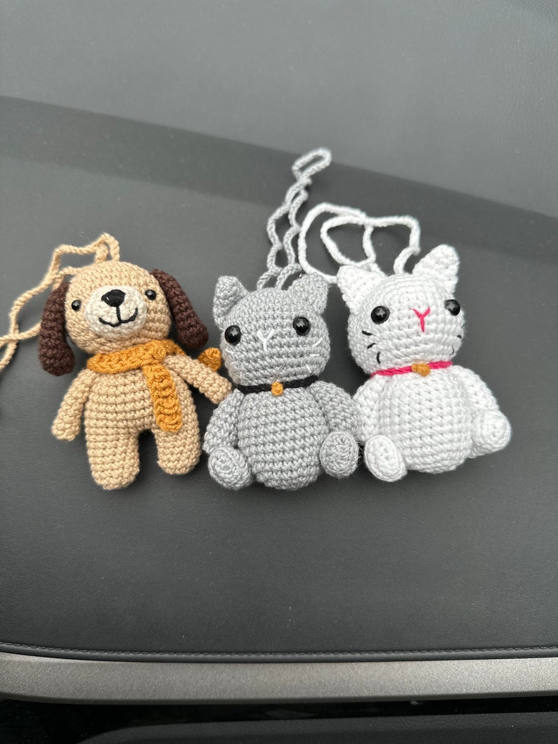 Cute Crochet Cat Car Mirror Charms,Amigurumi Dog Car Accessory,New Car Gift,Kitty Car Mirror Hanging,Car Interior,Rear-View Mirror Pendant image 10