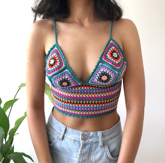 Handknitted Crochet Top With Retro Granny Square,summer Women Tank Top,festival  Crop Halter Bralette With Adjustable Ties,gypsy Yoga Top -  Hong Kong