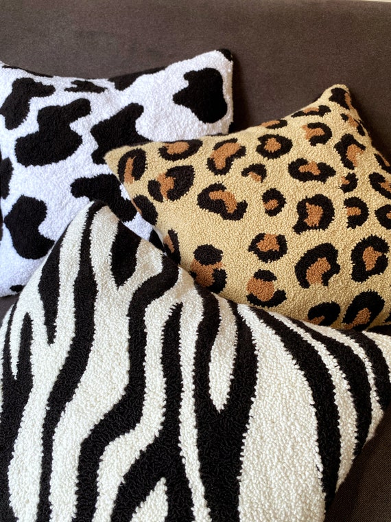 Handgestickte Tier Druck Punch Nadel KissenBezüge,Leopard bestickte  Kissenhülle,Home Decor Stickerei Zebra Teppich Kissen,Kuh Print Kissen