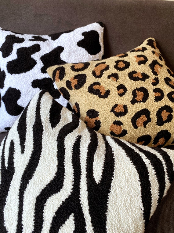 Handgestickte Tier Druck Punch Stickerei Decor bestickte Zebra Kissen,Kuh KissenBezüge,Leopard Print Teppich Nadel Kissen Kissenhülle,Home