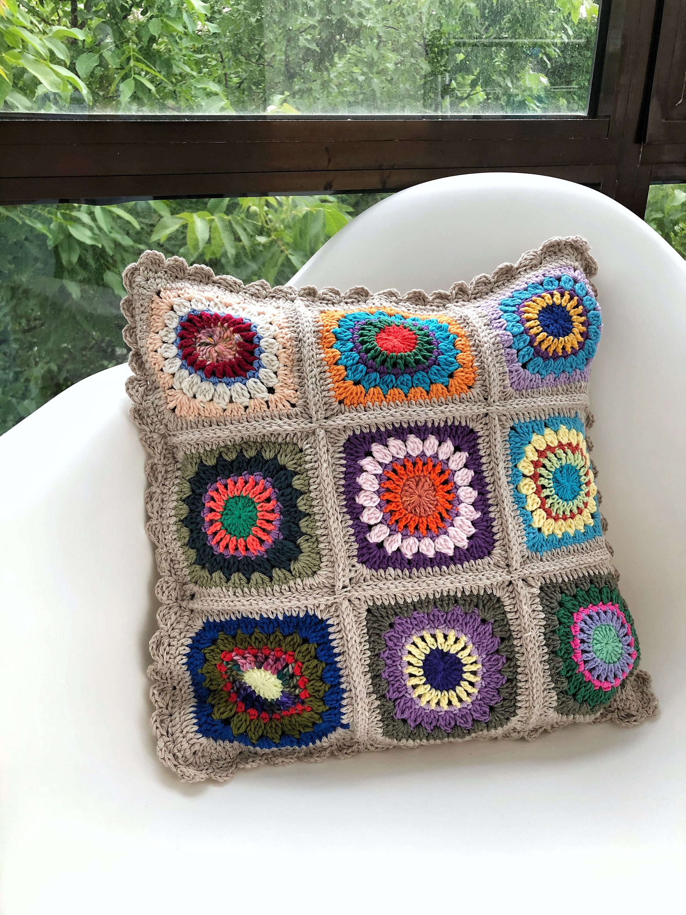 Crochet Pillow Cover Kandinsky Klimt, Squishy Colourful Artistic Handmade  Case, Bed Back Rest Support, Granny Square Maternity Knee Cushion 