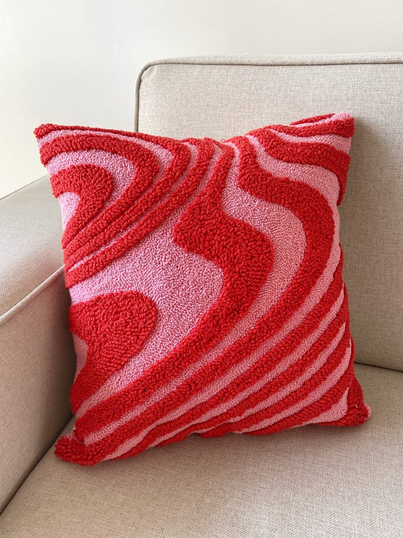 Hand Tufted Punch Needle Pillow Cover,Decorative Embroidered Cushion Cover,Y2k Vibrant Wavy Lines,Fun Home Decor Rug,Psychedelic Printed image 1