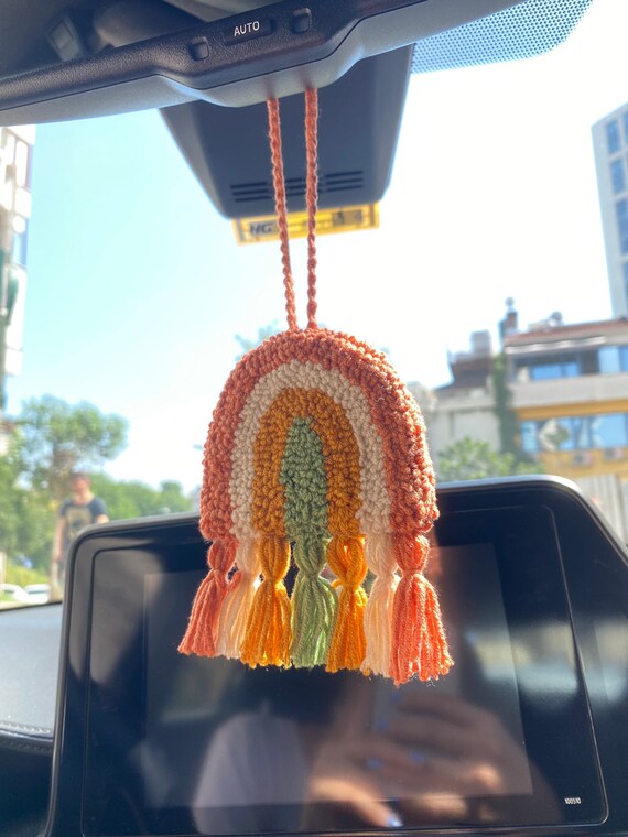 KIAYOO Ciondolo per Specchietto Retrovisore Auto Ciliegia Lavorata a Maglia, Decorazione Auto Carina, Accessorio Interno Regalo di Compleanno Natale Capodanno per Ragazze Donne Amiche