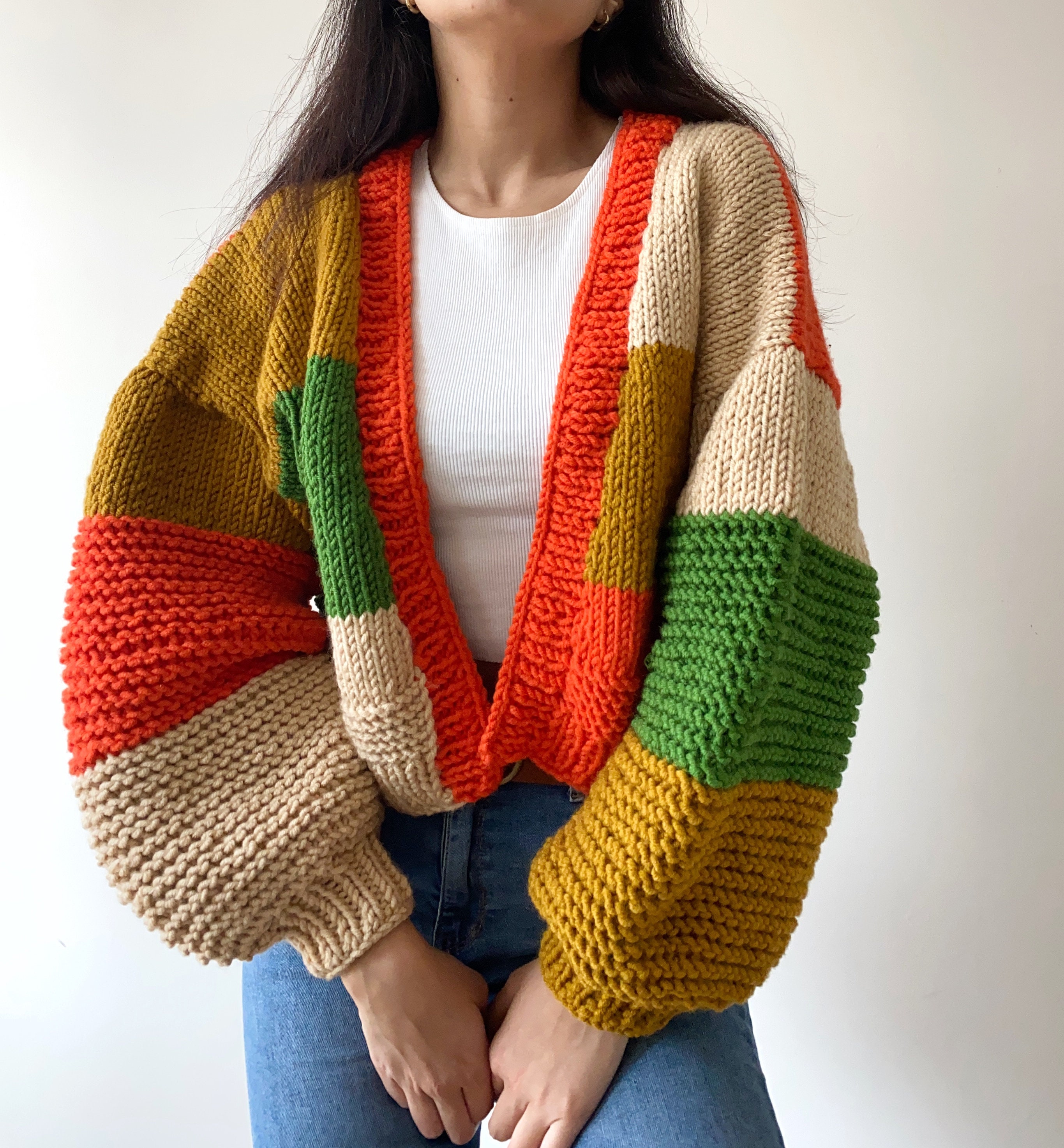 Handknit Chunky Patchwork Cardigan, Soft Women Sweater,handmade