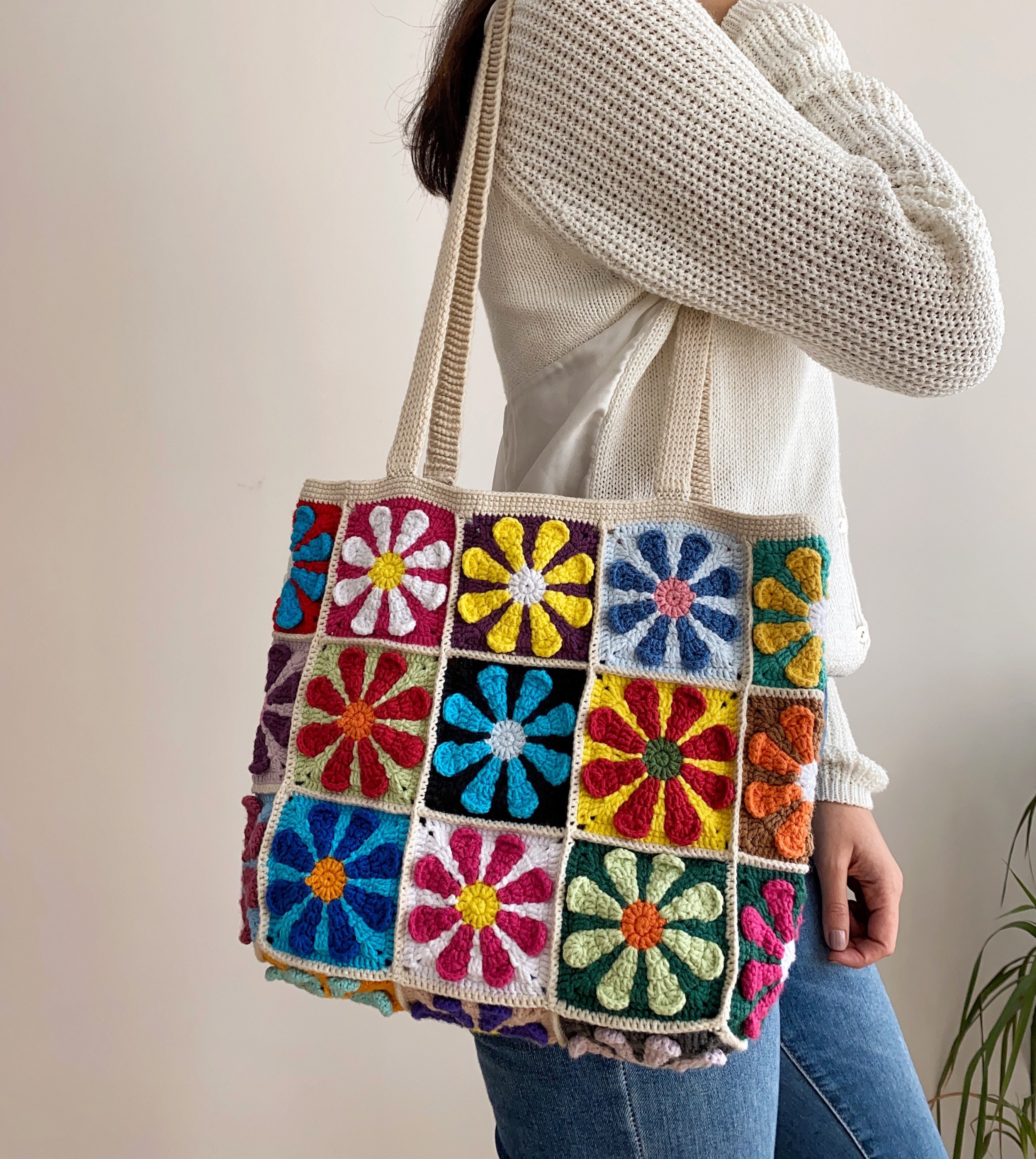 Handmade Flower Granny Square Crochet Bag,vintage Crochet