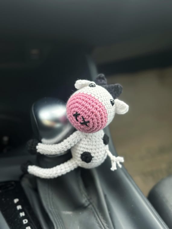 Cute Amigurumi Cow Steering Wheel Accessory, Crochet Bunny Gear Shift Knob Cover, Handmade Toy Animal Auto Decor,New Car Gift for Car Lover