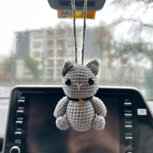 Cute Crochet Cat Car Mirror Charms,Amigurumi Dog Car Accessory,New Car Gift,Kitty Car Mirror Hanging,Car Interior,Rear-View Mirror Pendant Grey Cat