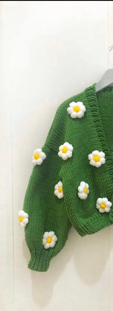 Handknit Chunky Daisy Cardigan Embroidery,soft Flower Punch