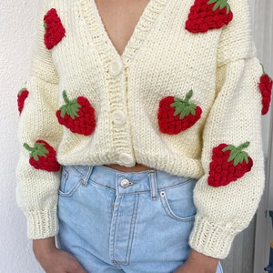 Hand Knit Chunky Strawberry Cardigan,soft Women Sweater,handmade Crop ...
