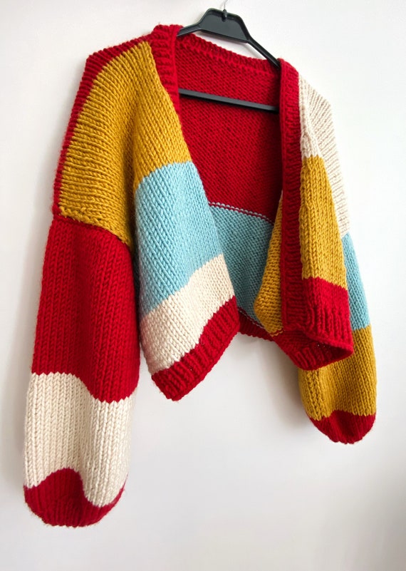 Handknit Chunky Patchwork Cardigan, Soft Women Sweater,handmade