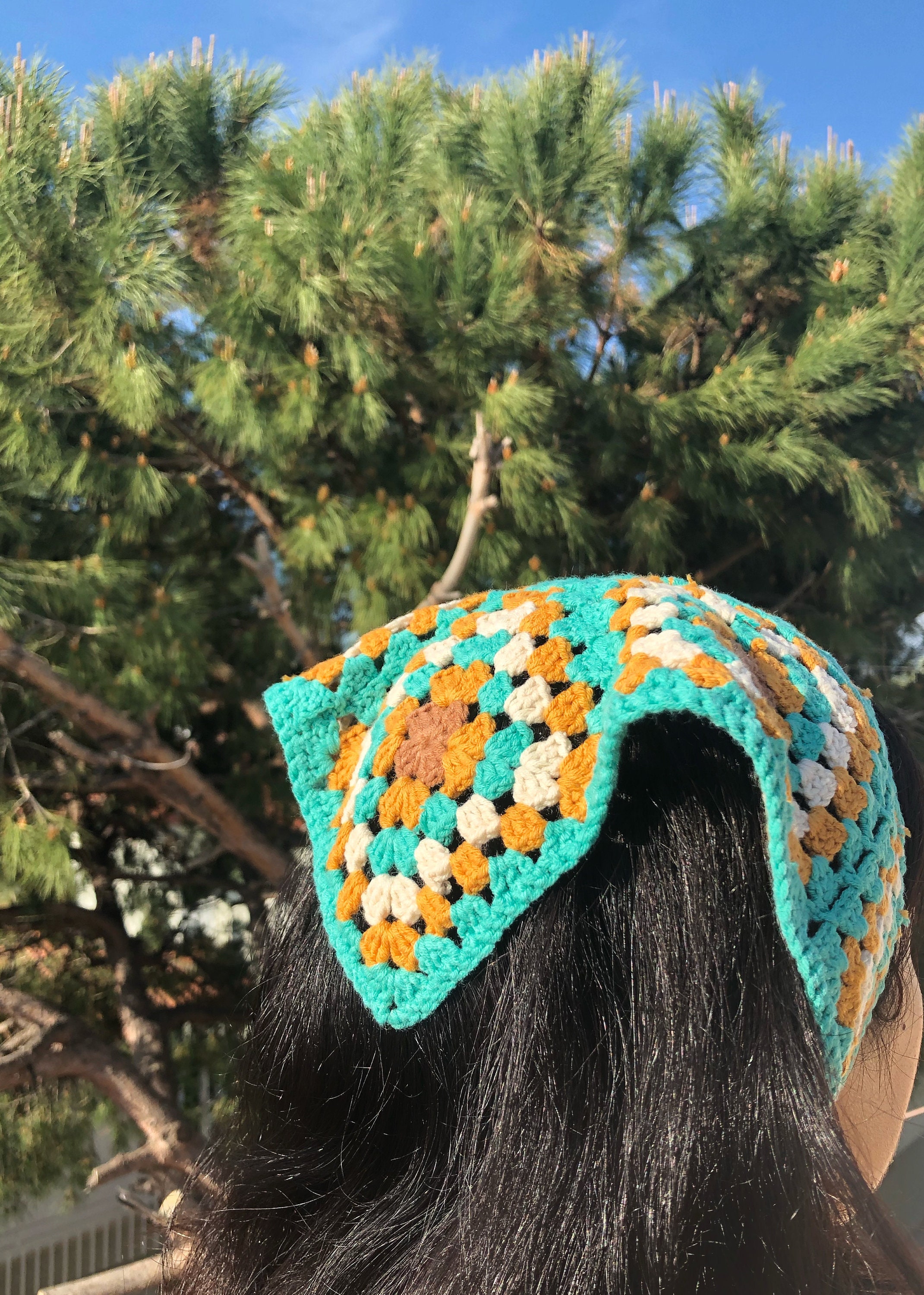 Granny Square Crochet Head Band,handknitted Hair Scarf,evil Eye