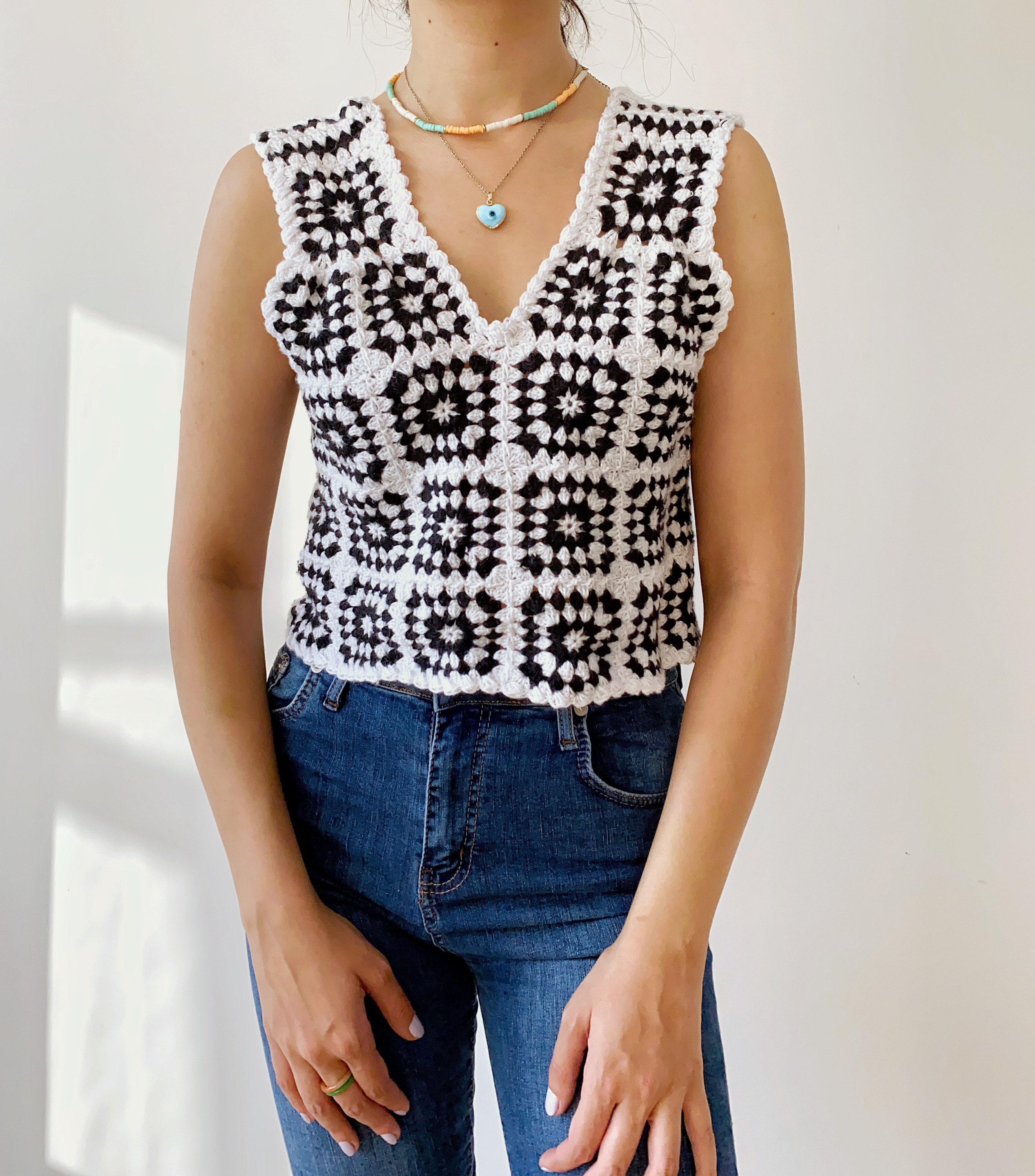 Handknitted Crochet Vest With Retro Granny Square,handmade