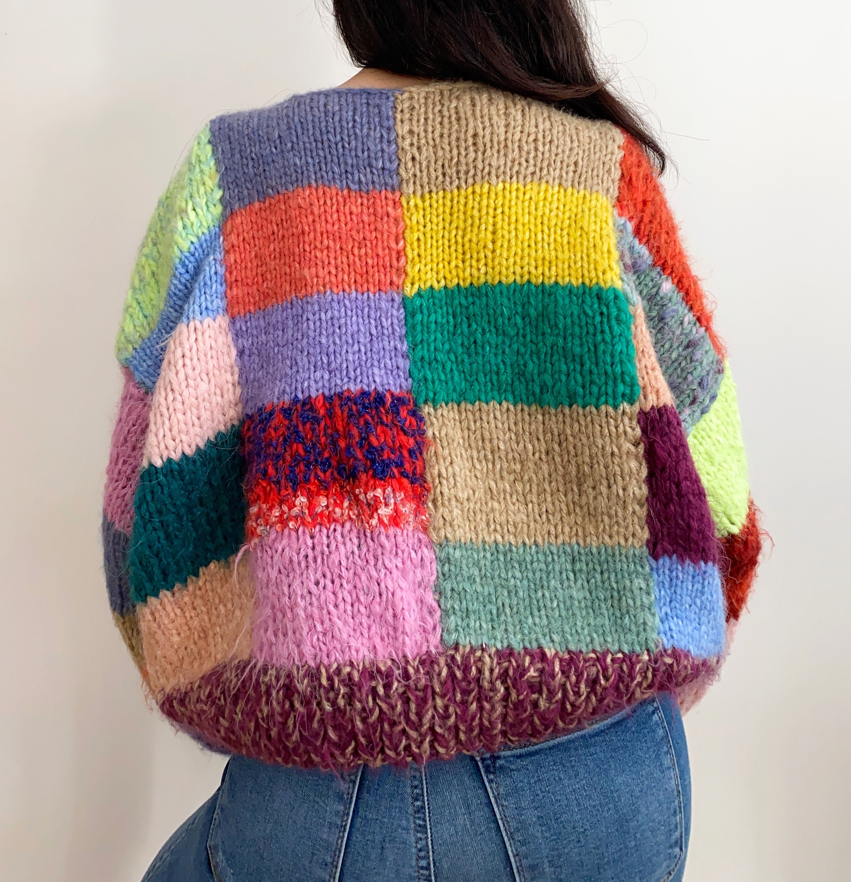 Patchwork Mohair Wool Jumperhand Knitcolorful Checkered - Etsy
