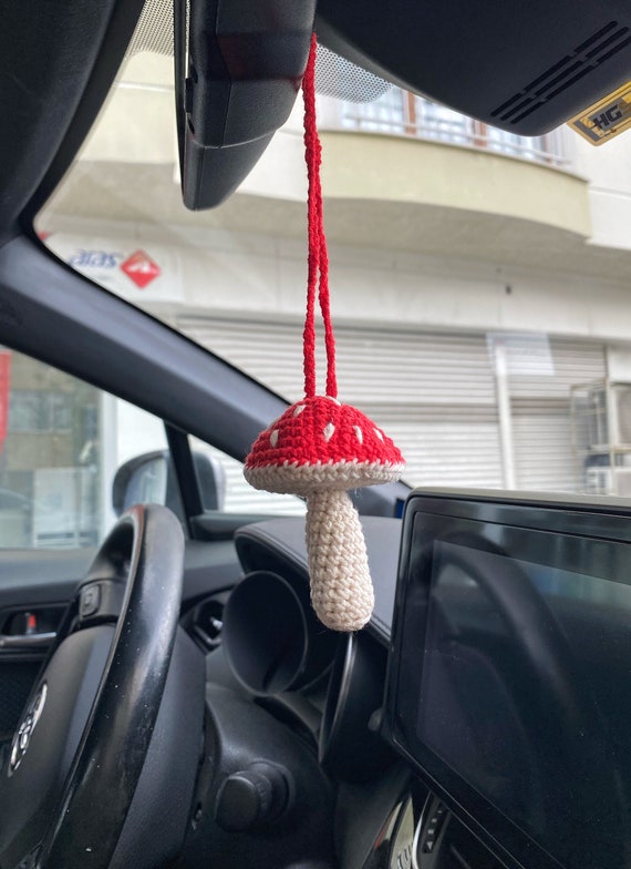 Handmade Crochet Mushroom Car Mirror Charm, Amigurumi Car