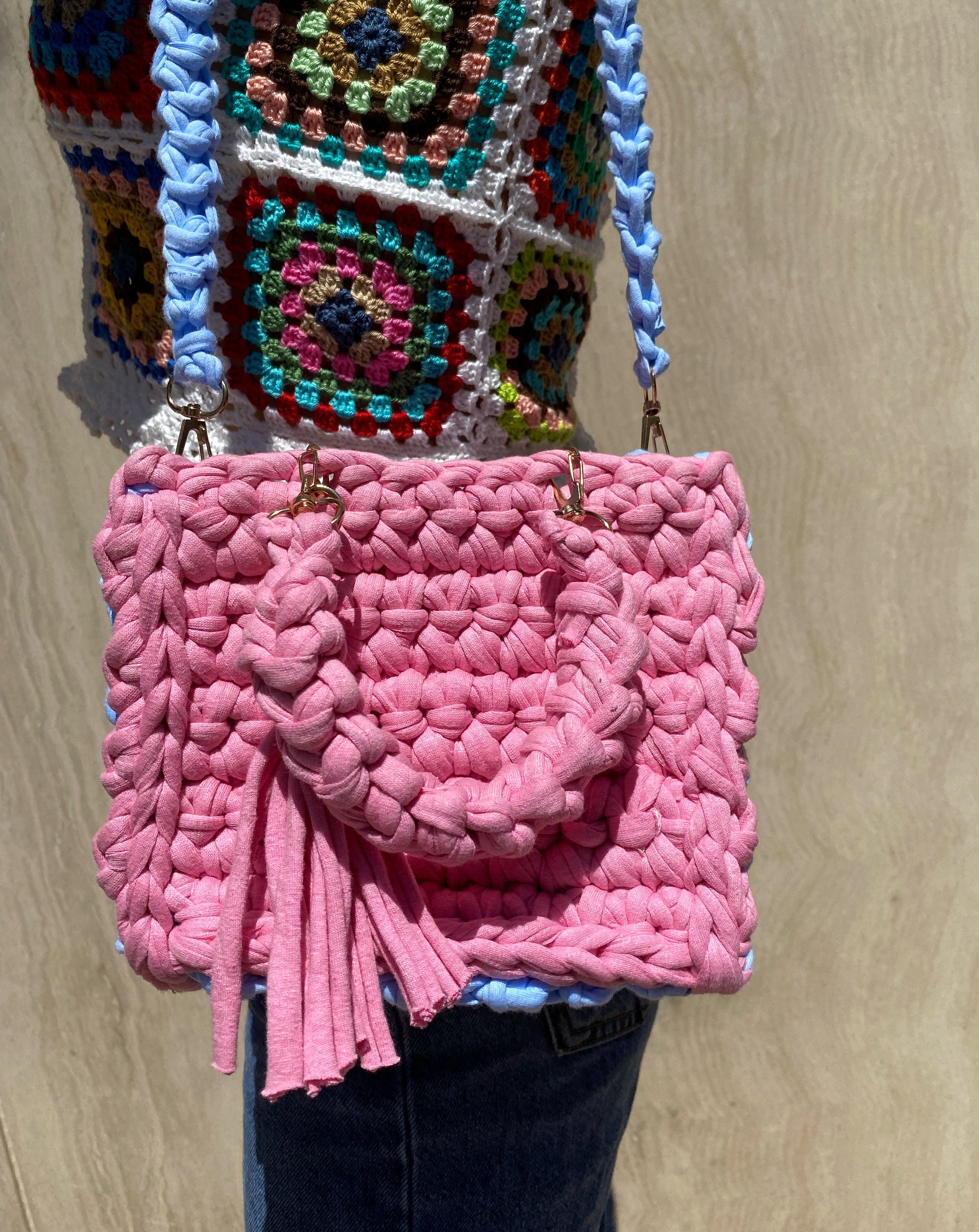 Stylish Pink Chunky Crochet Shoulder Bagunique Hand Knit 