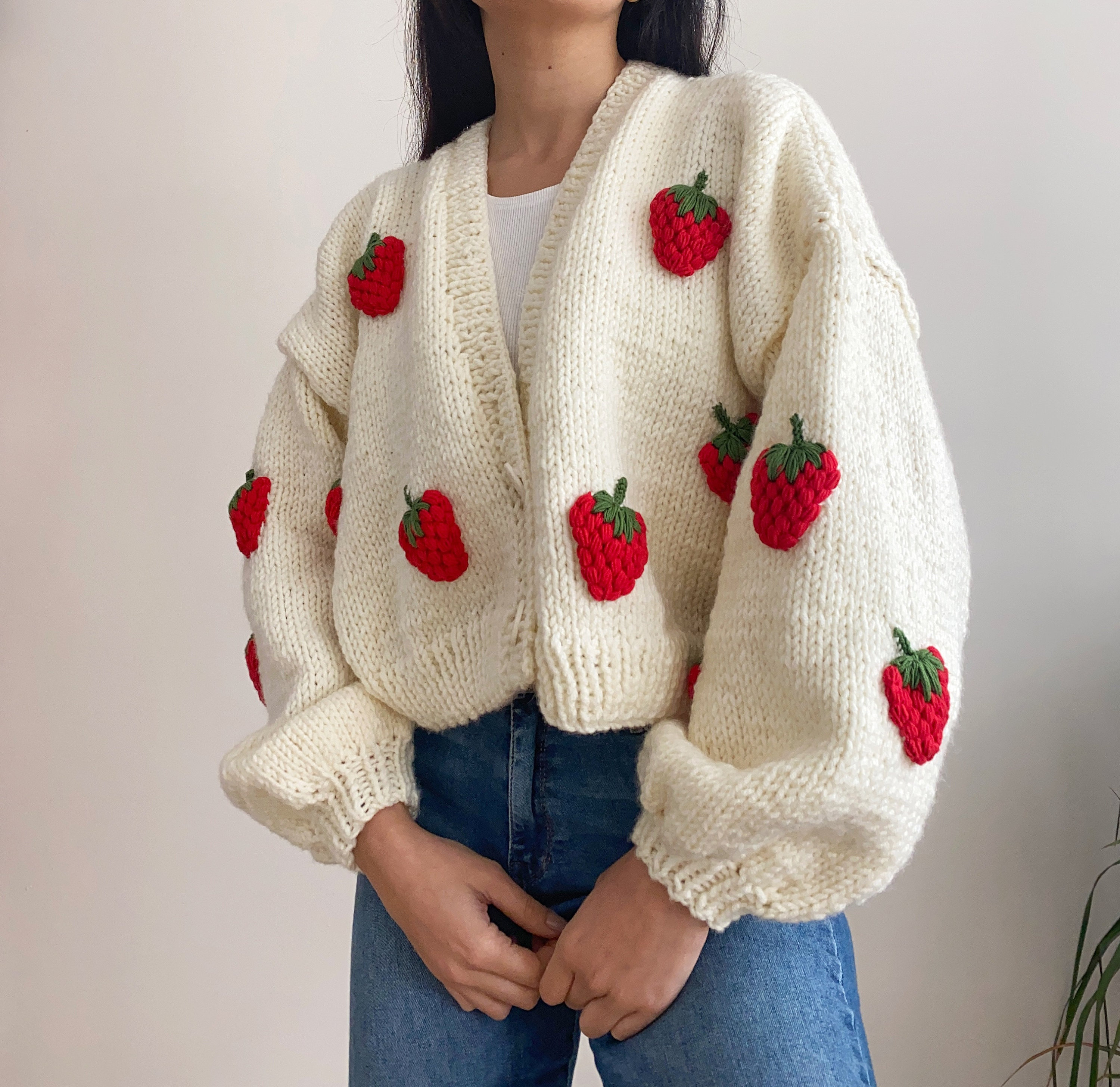 Hand Knit Chunky Strawberry Cardigan,soft Women Sweater,handmade