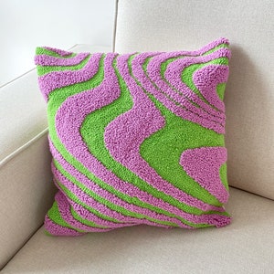 Hand Tufted Punch Needle Pillow Cover,Decorative Embroidered Cushion Cover,Y2k Vibrant Wavy Lines,Fun Home Decor Rug,Psychedelic Printed image 3