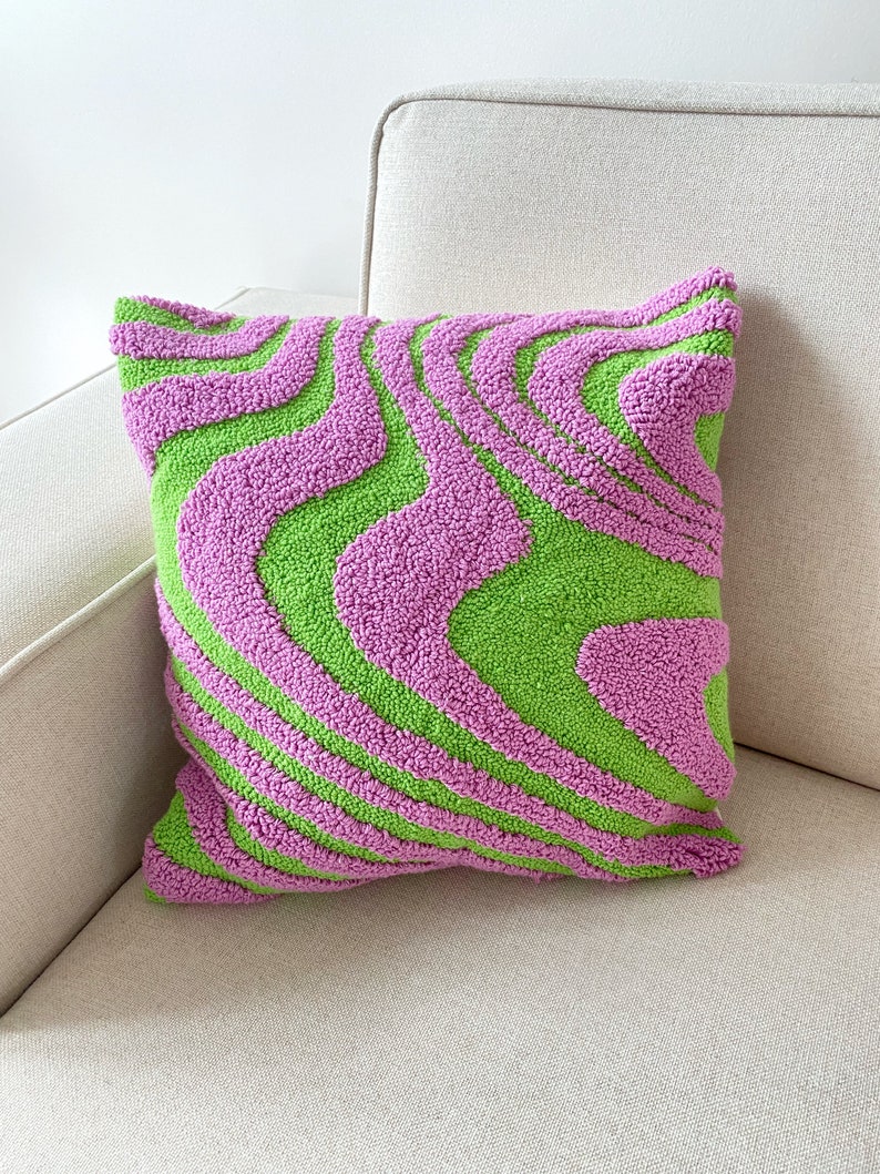 Hand Tufted Punch Needle Pillow Cover,Decorative Embroidered Cushion Cover,Y2k Vibrant Wavy Lines,Fun Home Decor Rug,Psychedelic Printed image 3
