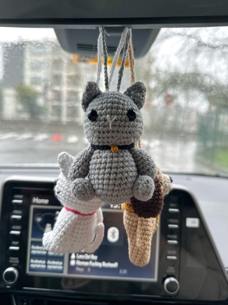 Cute Crochet Cat Car Mirror Charms,Amigurumi Dog Car Accessory,New Car Gift,Kitty Car Mirror Hanging,Car Interior,Rear-View Mirror Pendant image 6