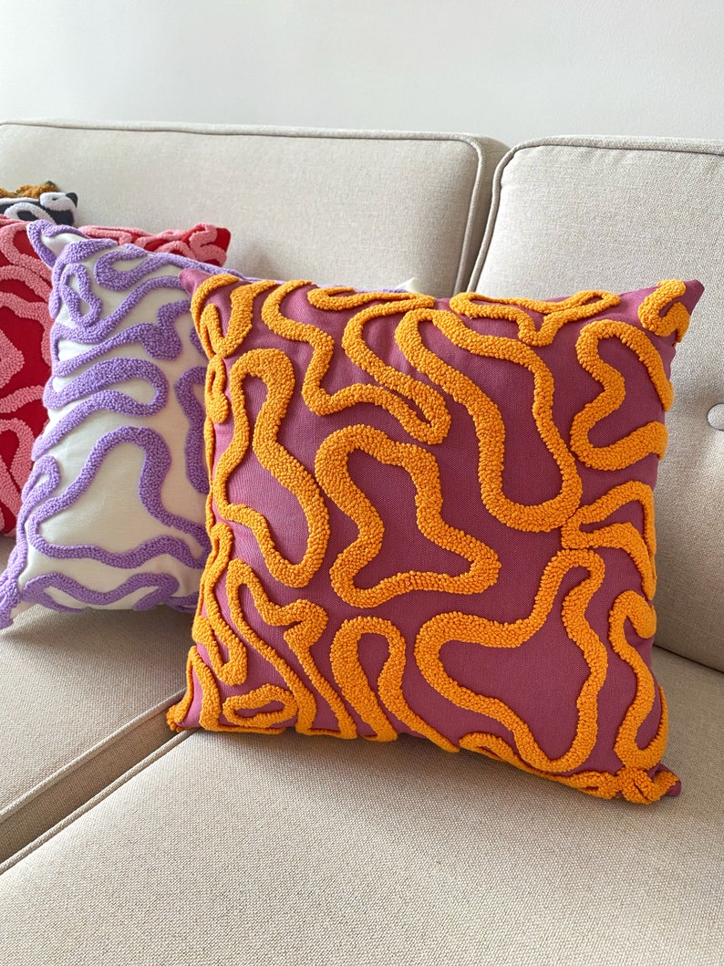 Groovy Punch Needle Pillow Cover,Cosy Decorative Embroidered Cushion Cover,Wavy Aesthetics,Colorful Rug Cushion,Abstract Throw Pillow Cover image 3